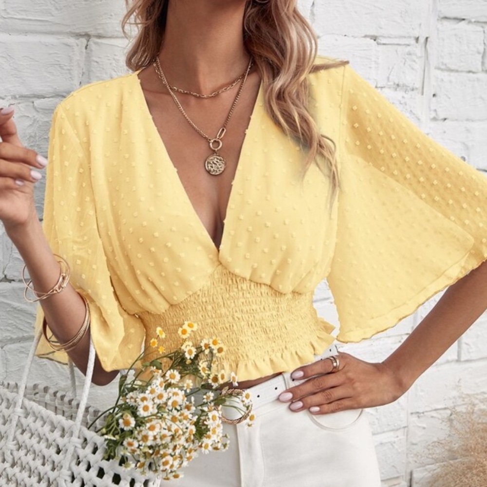 Boho Swiss dot v neck butterfly sleeve shirred top - Picture 1 of 9